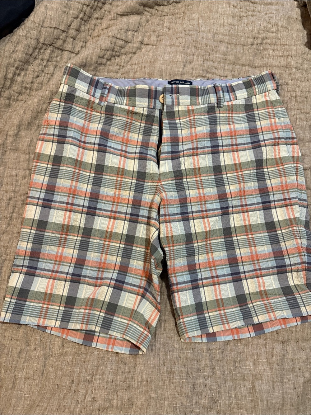 Peter Millar Plaid Performance Shorts in Cream, Green & Orange 10